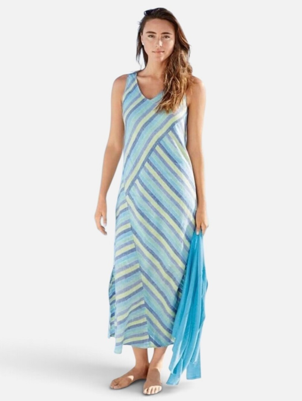 J.Jill 100% Linen  Striped Maxi Dress Size Medium Beachy. Lined Summer M Coastal